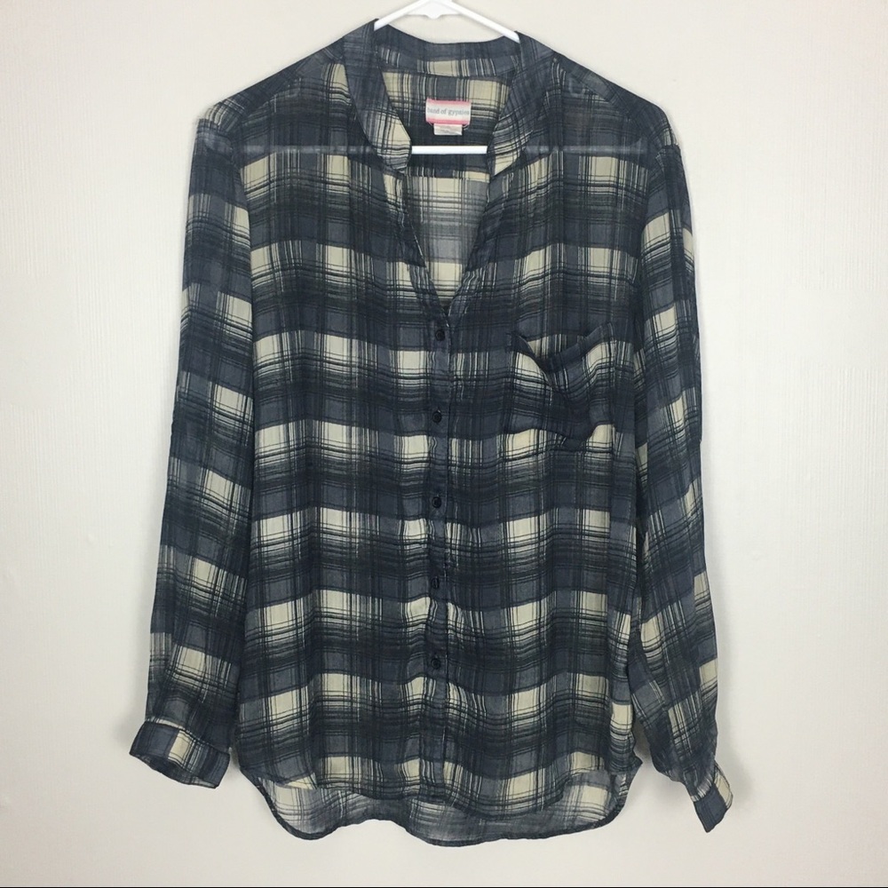 Band of Gypsies Shirt Womens Medium Gray Plaid‎ Button Up Blouse Lightweight